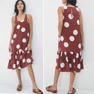 Anthropologie Michaela Flounce Hem Maxi Dress XS brown rust polka dot midi flowy